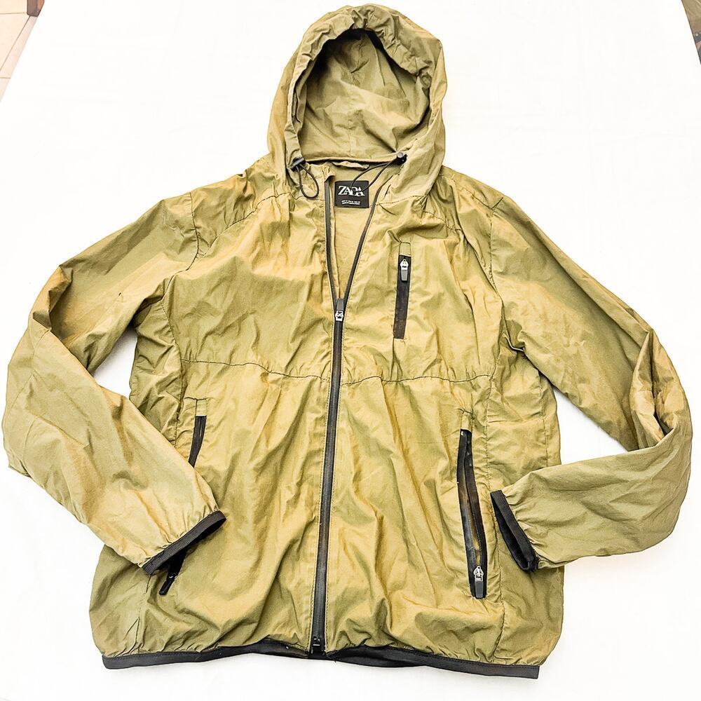 Zara Green Hooded Zippered Windbreaker Jacket Black Trim Size M